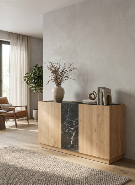 Aparador en madera con efecto mármol negro