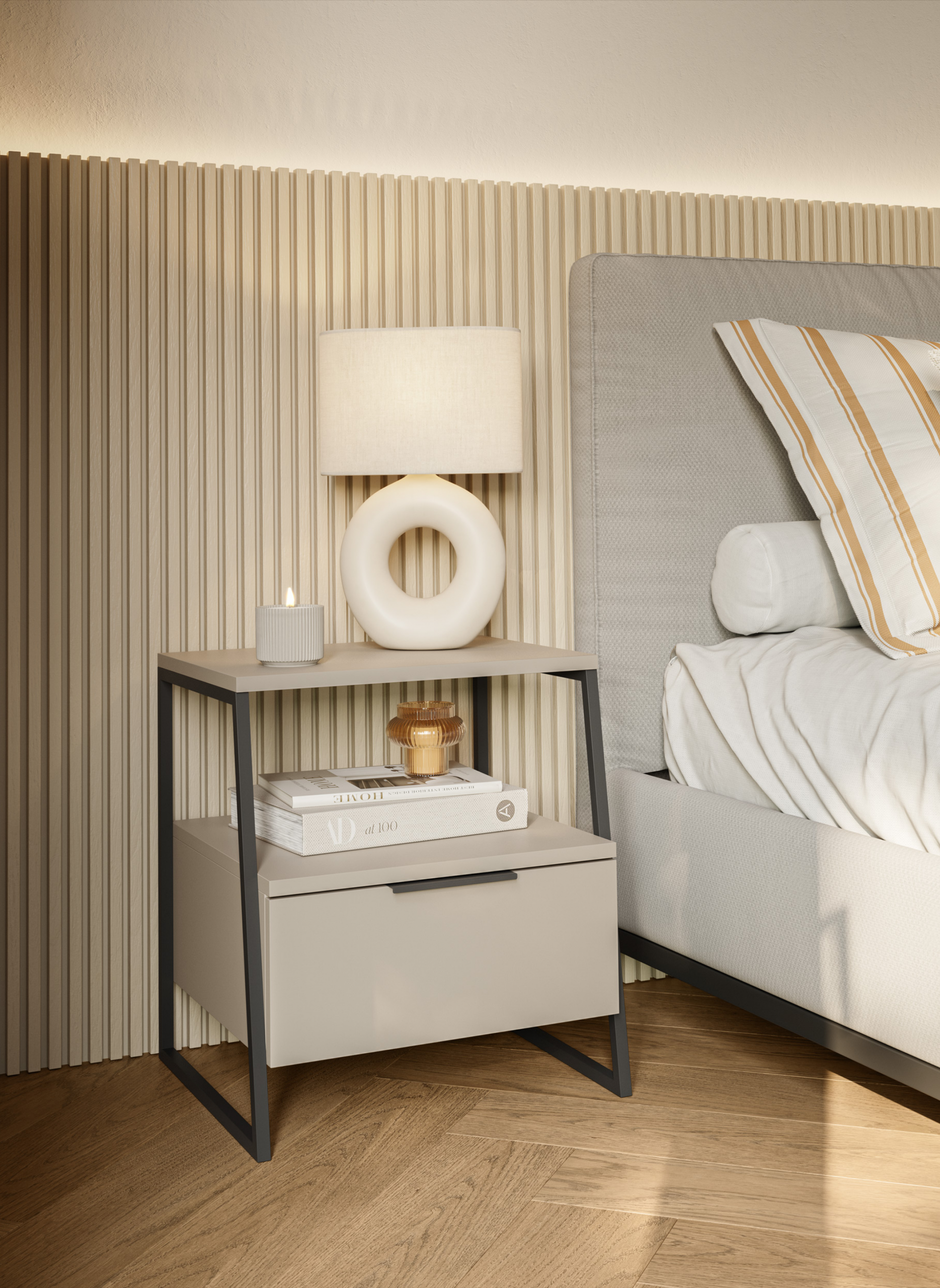 Mesita de noche color con patas metálica negras