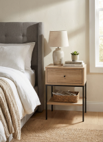 Mesita de noche en roble con patas metálicas